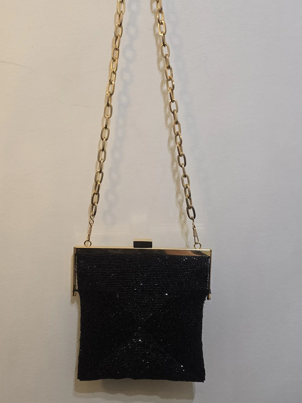 Sparkling Black Beaded Evening Clutch with Silver Chain